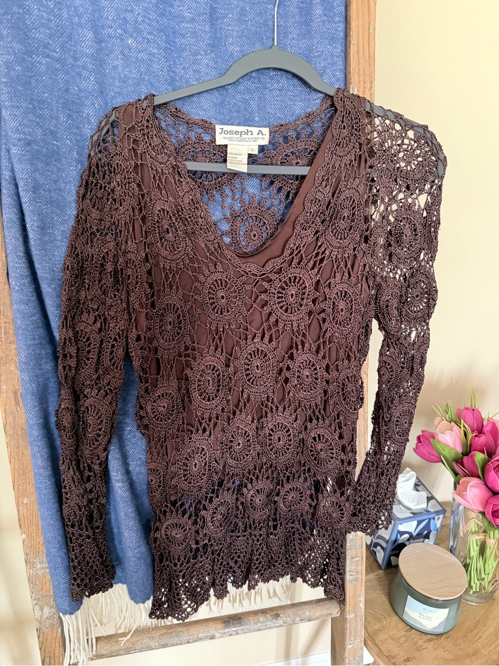 Joseph Crochet V-Neck Open-Knit Top in Brown